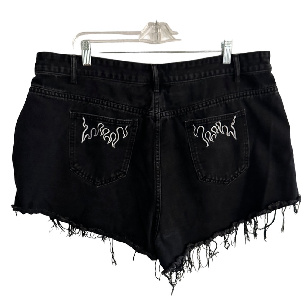 reposh Black Frayed Denim Shorts with Flame Pocket Embroidery